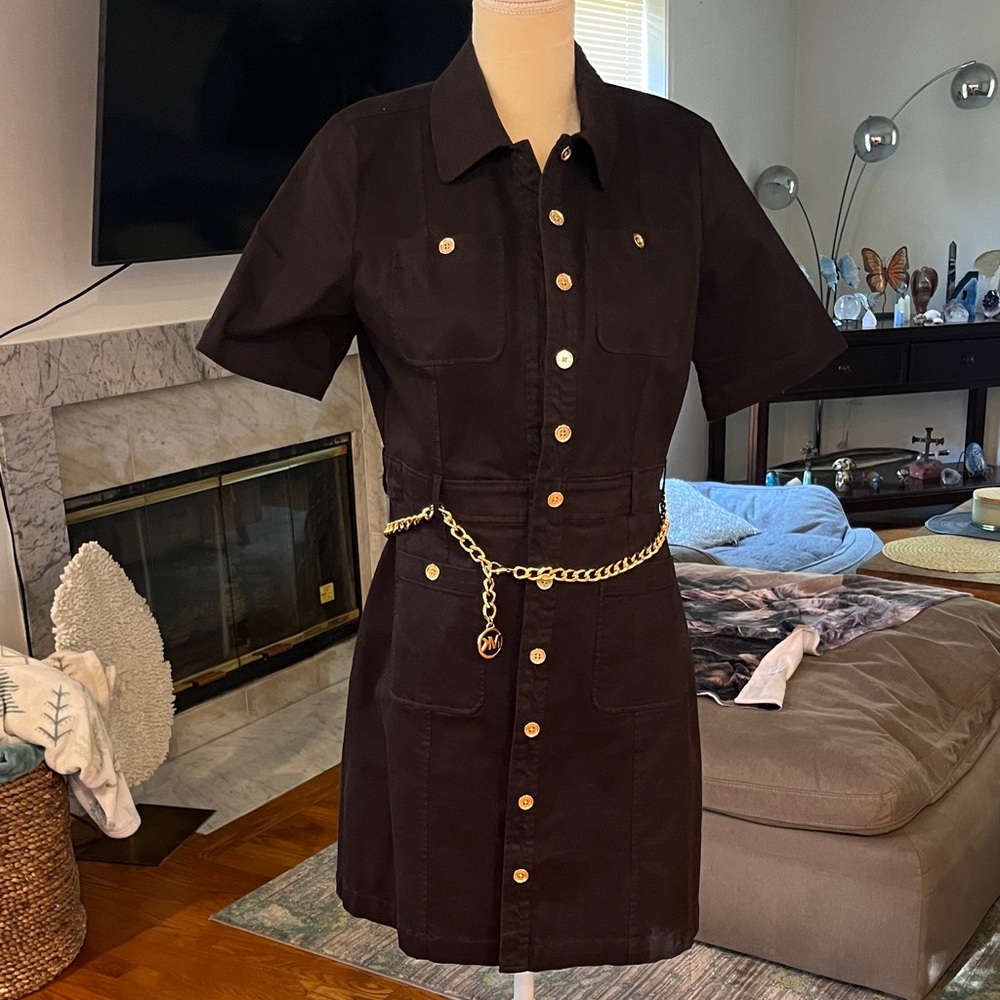 Michael Kors Black Jean Dress with Gold Accents